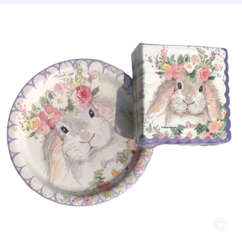 Scalloped Spring Bunny Party Tableware Set (Napkins + Plates)